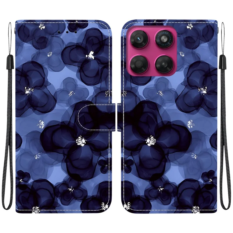 For Motorola Moto G37 5G  /  G47 5G Wallet Case Pattern Printing Leather Stand Phone Cover with Strap - Ink Blue Flower