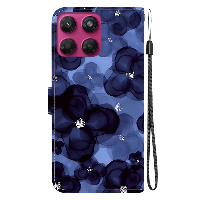 For Motorola Moto G37 5G  /  G47 5G Wallet Case Pattern Printing Leather Stand Phone Cover with Strap - Ink Blue Flower