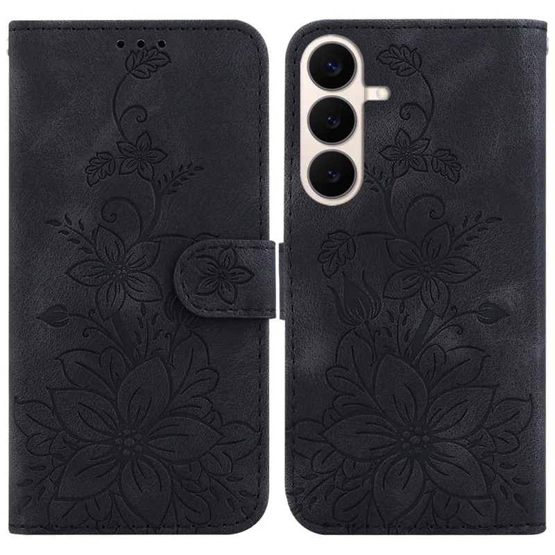 Für Samsung Galaxy S26 FE Ständerhülle mit Lilienblumen-Muster Leder-Handyhülle mit Handschlaufe - Schwarz
