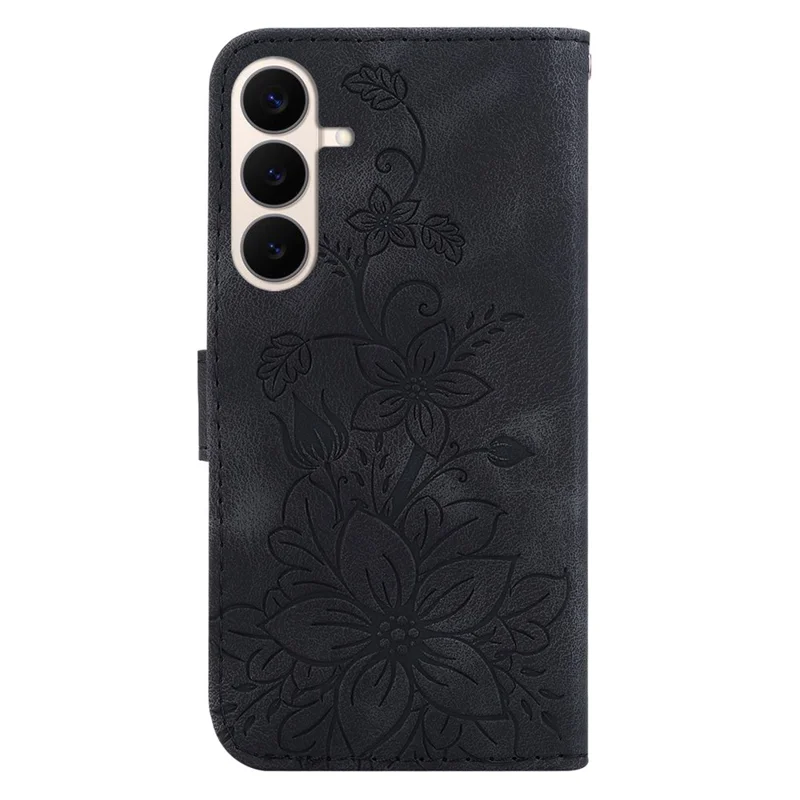 Für Samsung Galaxy S26 FE Ständerhülle mit Lilienblumen-Muster Leder-Handyhülle mit Handschlaufe - Schwarz