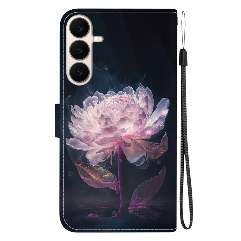 Für Samsung Galaxy S26 FE Brieftaschen-Handyhülle Anti-Drop Musterdruck Ledertasche mit Gurt - Lila Pfingstrose