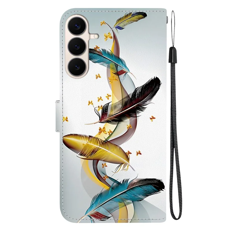 Für Samsung Galaxy S26 FE Hülle Musterdruck Ledertasche mit Lanyard - Goldenes Schmetterlingsgefieder