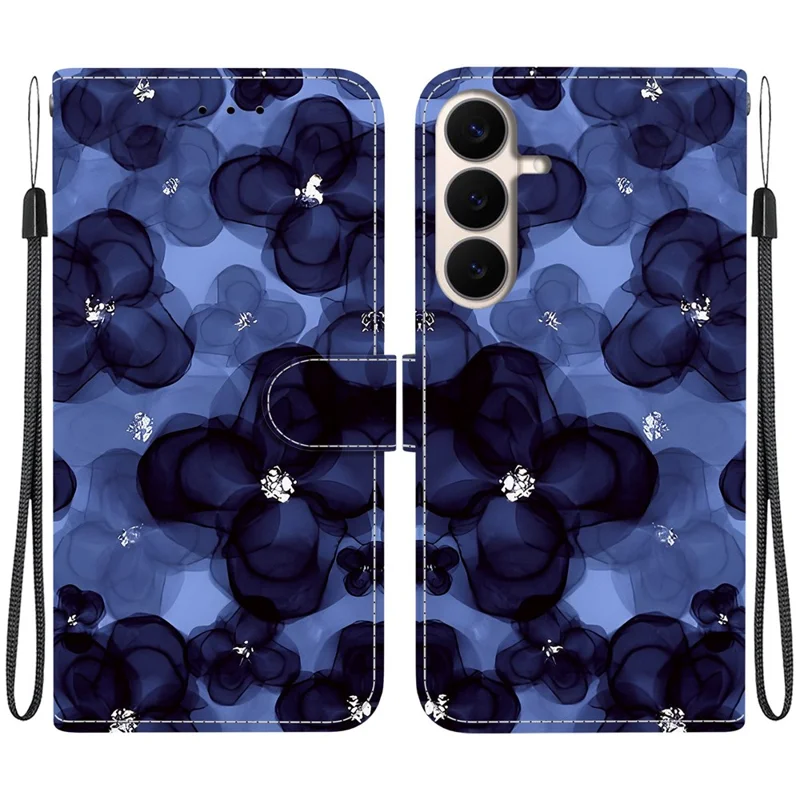 Etui portfelowe z nadrukiem dla Samsung Galaxy S26 FE, etui ze standem z klapką z skóry PU z paskiem na nadgarstek - niebieski kwiat atramentowy