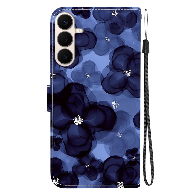 Etui portfelowe z nadrukiem dla Samsung Galaxy S26 FE, etui ze standem z klapką z skóry PU z paskiem na nadgarstek - niebieski kwiat atramentowy