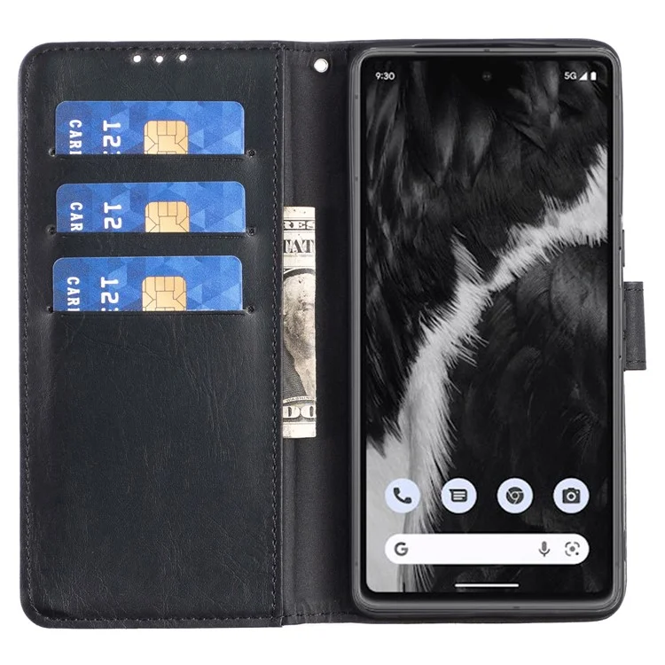 cu Leather Phone Case For Google Pixel 7 5G, Ретро Сумасшедшая Конная Стенда, Защитная Крышка Кошелька Для Кошелька - Черный