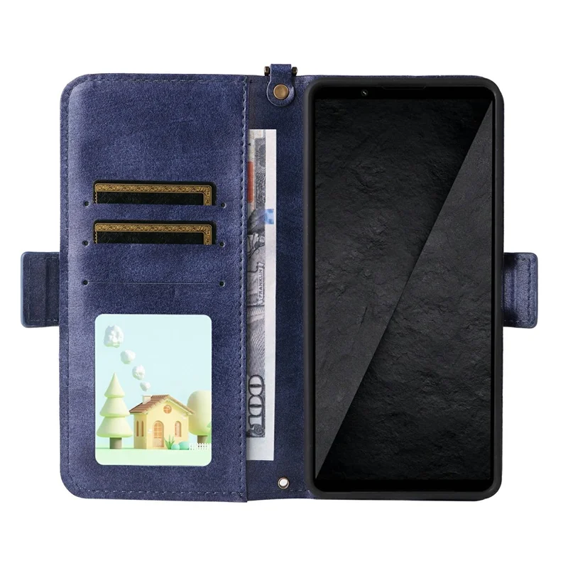 For Sony Xperia 1 VIII Leather Case Magnetic Closure Wallet Stand Phone Cover with Crossbody Strap - Blue