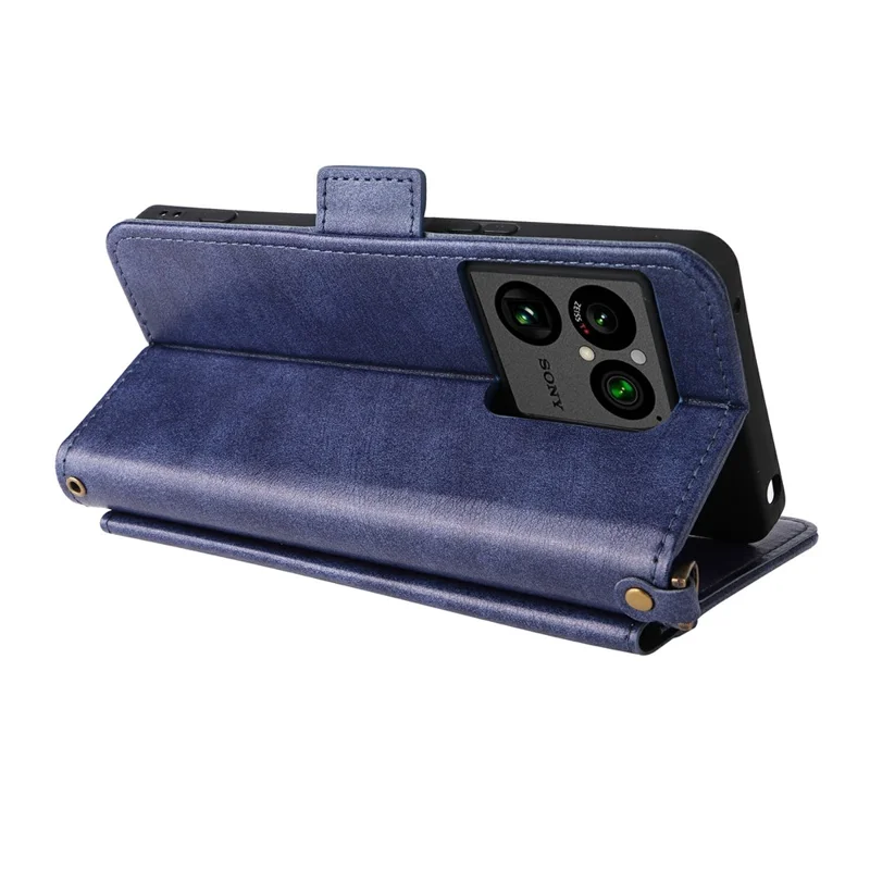 For Sony Xperia 1 VIII Leather Case Magnetic Closure Wallet Stand Phone Cover with Crossbody Strap - Blue