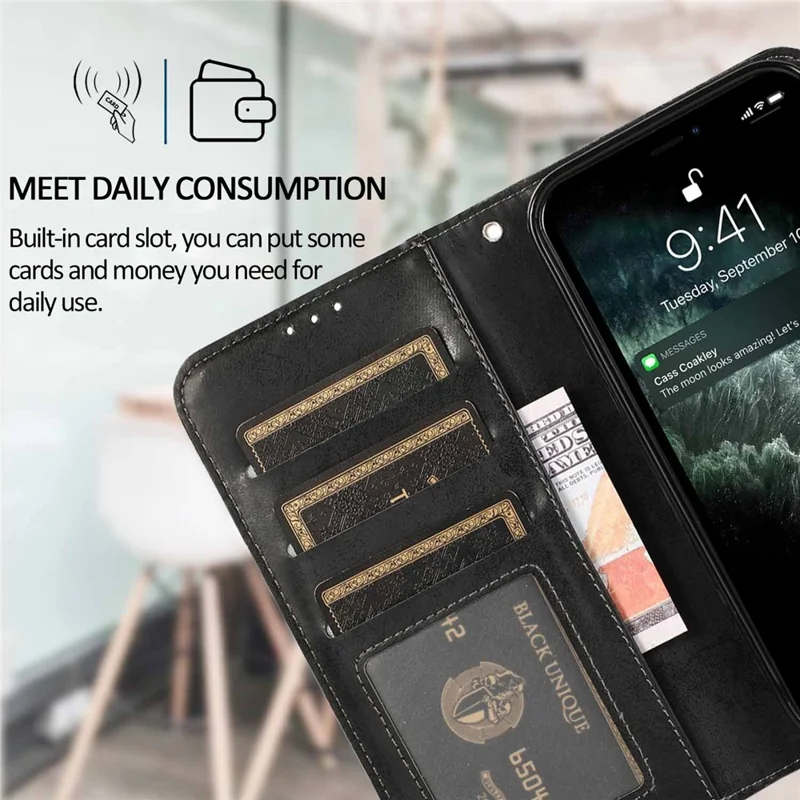 Funda cartera para iPhone 16 Pro Max, funda magnética desmontable de cuero PU mate retro y TPU, color negro