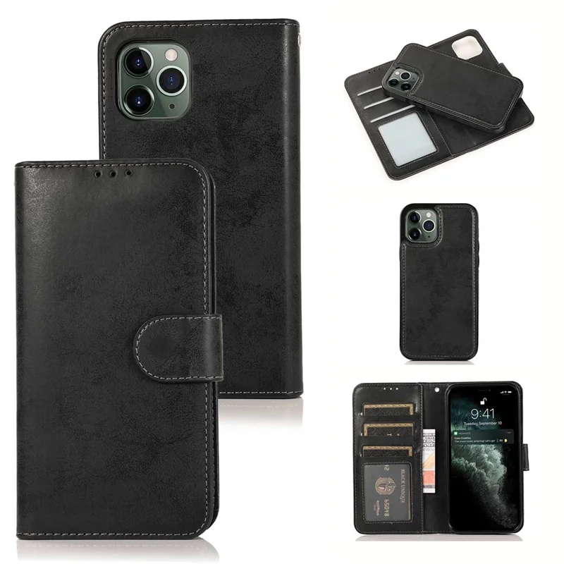 Etui portfelowe na iPhone 12 Pro Max, retro matowe magnetyczne wyjmowane etui z poliuretanu i TPU - Czarny