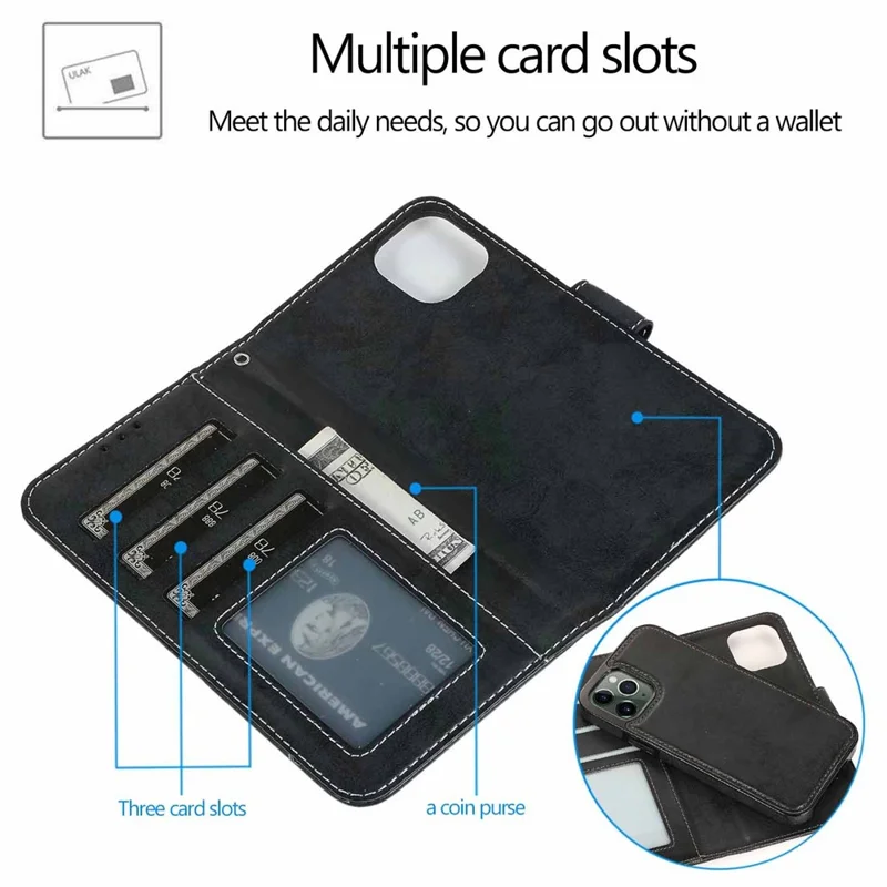 Etui portfelowe na iPhone 12 Pro Max, retro matowe magnetyczne wyjmowane etui z poliuretanu i TPU - Czarny