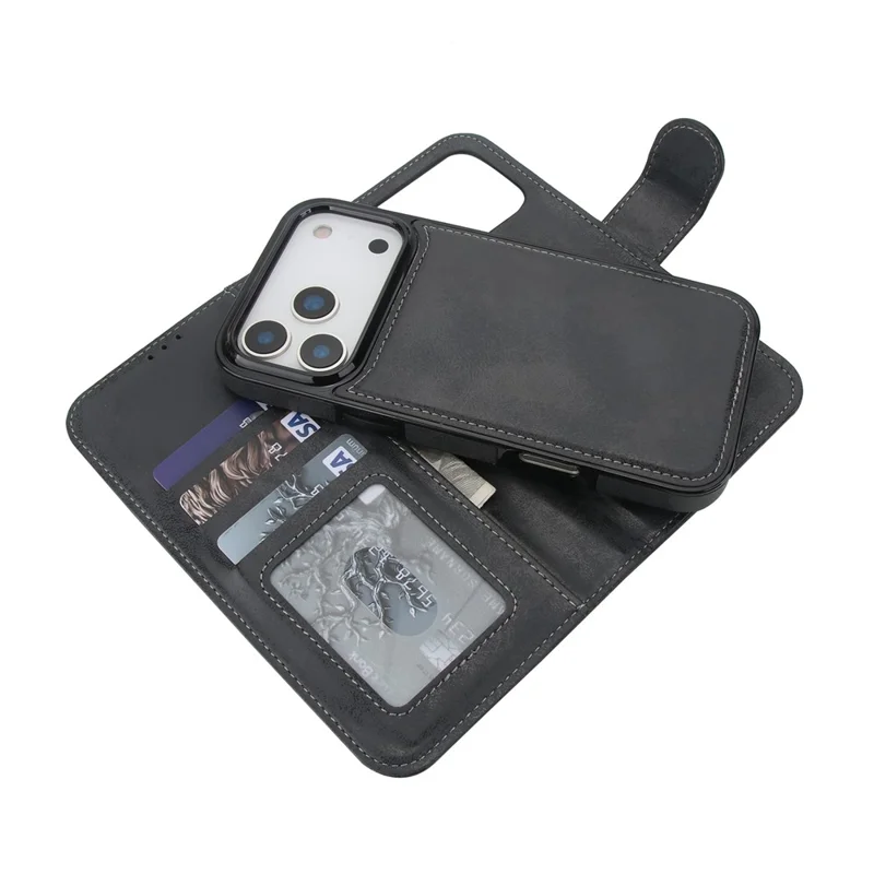 Voor iPhone 17 Pro Max Portefeuillehoes Retro Matte Magnetisch Uitneembaar PU Leer TPU Telefoonhoes - Zwart