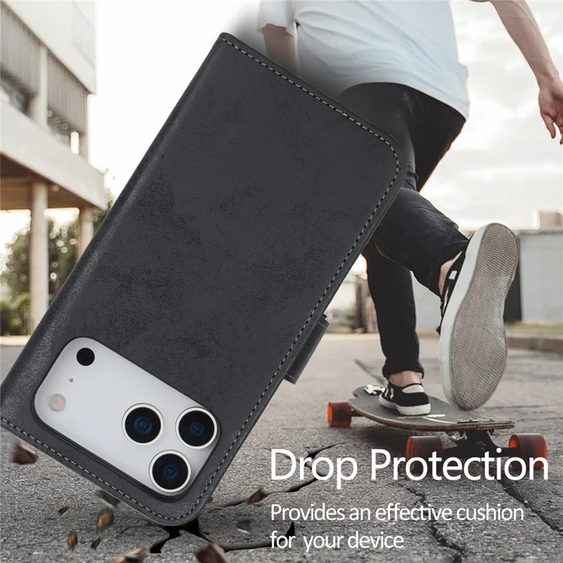 Voor iPhone 17 Pro Max Portefeuillehoes Retro Matte Magnetisch Uitneembaar PU Leer TPU Telefoonhoes - Zwart