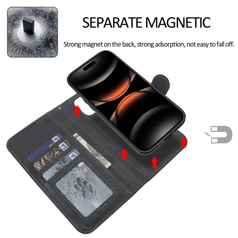 Voor iPhone 17 Pro Max Portefeuillehoes Retro Matte Magnetisch Uitneembaar PU Leer TPU Telefoonhoes - Zwart
