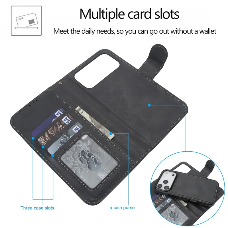 Voor iPhone 17 Pro Max Portefeuillehoes Retro Matte Magnetisch Uitneembaar PU Leer TPU Telefoonhoes - Zwart