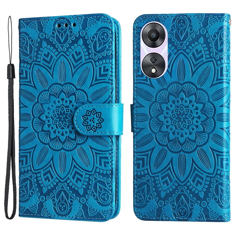 Für Oppo A58 5G PU Leder Sonnenblume Eingeprägte Telefonhülle Ständer Brieftasche Folio Flip Cover Mit Handgelenkriemen - Blau