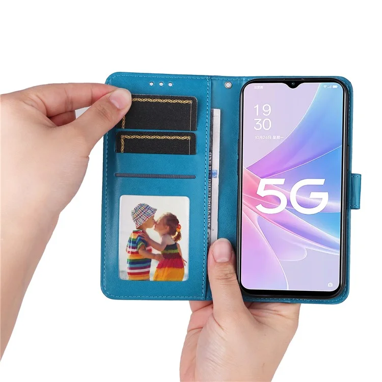 Für Oppo A58 5G PU Leder Sonnenblume Eingeprägte Telefonhülle Ständer Brieftasche Folio Flip Cover Mit Handgelenkriemen - Blau