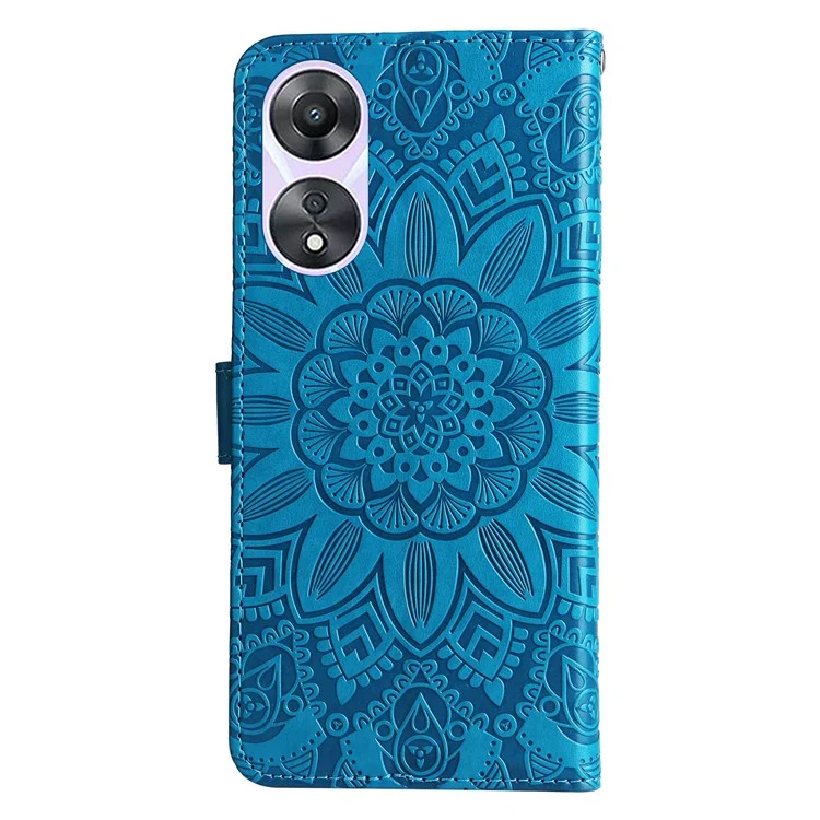 Für Oppo A58 5G PU Leder Sonnenblume Eingeprägte Telefonhülle Ständer Brieftasche Folio Flip Cover Mit Handgelenkriemen - Blau