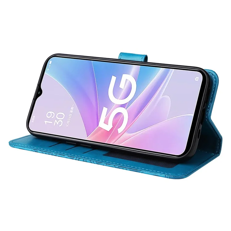 Für Oppo A58 5G PU Leder Sonnenblume Eingeprägte Telefonhülle Ständer Brieftasche Folio Flip Cover Mit Handgelenkriemen - Blau