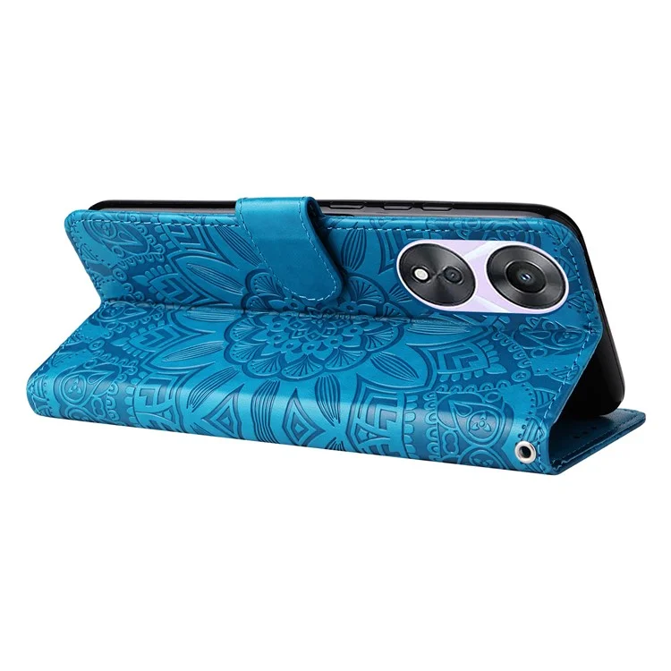 Für Oppo A58 5G PU Leder Sonnenblume Eingeprägte Telefonhülle Ständer Brieftasche Folio Flip Cover Mit Handgelenkriemen - Blau