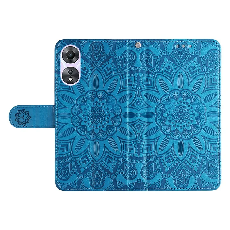 Für Oppo A58 5G PU Leder Sonnenblume Eingeprägte Telefonhülle Ständer Brieftasche Folio Flip Cover Mit Handgelenkriemen - Blau