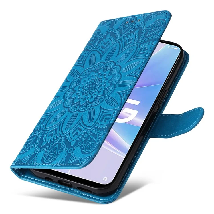 Für Oppo A58 5G PU Leder Sonnenblume Eingeprägte Telefonhülle Ständer Brieftasche Folio Flip Cover Mit Handgelenkriemen - Blau