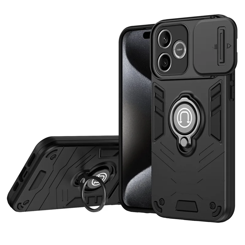 For Honor 600 Lite 5G Case Slide Camshield Kickstand PC + TPU Phone Cover - Black
