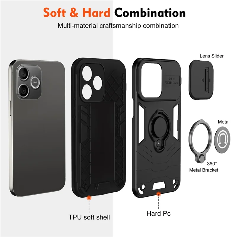 For Honor 600 Lite 5G Case Slide Camshield Kickstand PC + TPU Phone Cover - Black