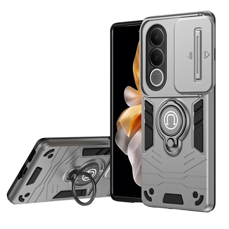 For vivo V70 FE 5G Case Slide Camshield Kickstand PC + TPU Phone Cover - Grey