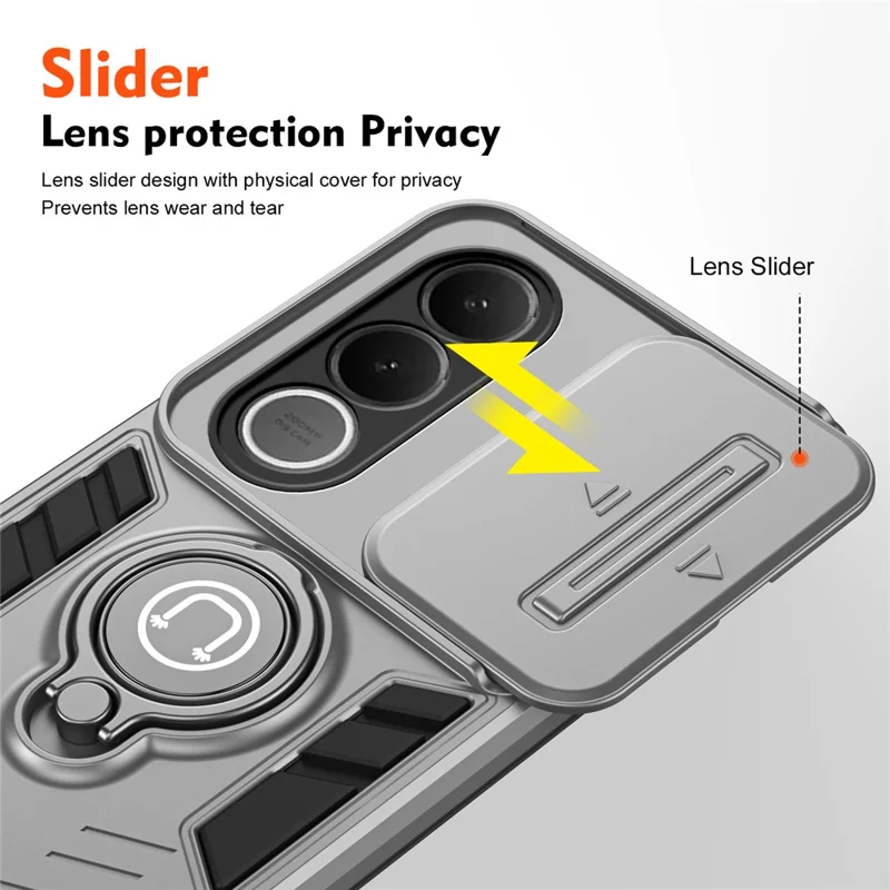 For vivo V70 FE 5G Case Slide Camshield Kickstand PC + TPU Phone Cover - Grey