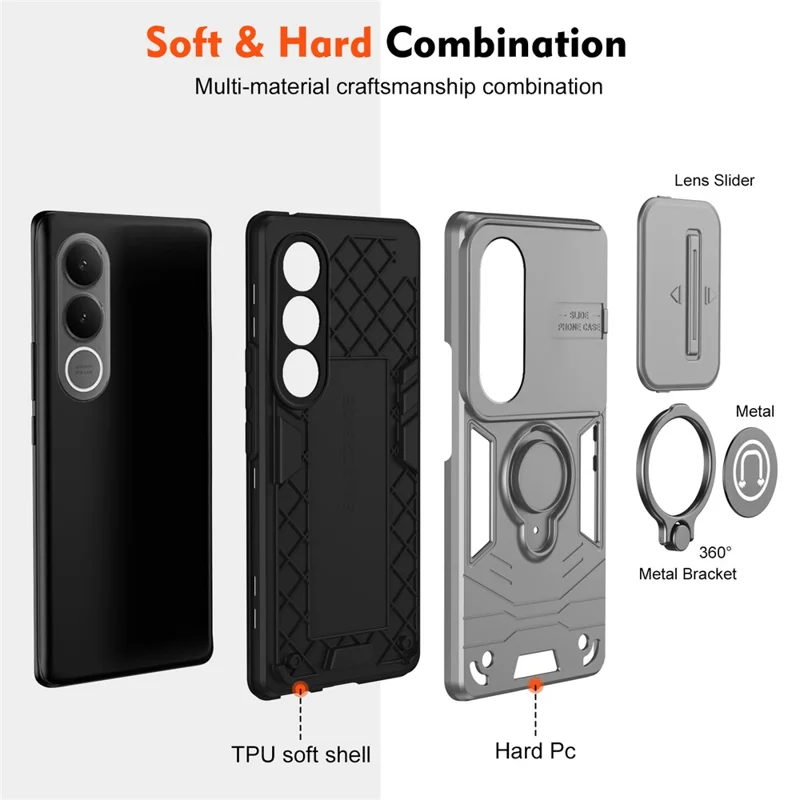 For vivo V70 FE 5G Case Slide Camshield Kickstand PC + TPU Phone Cover - Grey