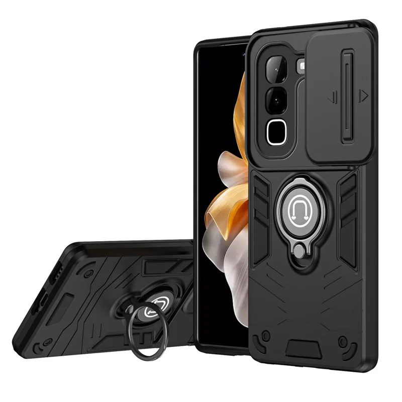 Étui pour Infinix Hot 70, Étui à Glissière Camshield avec Support Pivotant et Anneau de Poignée en PC + TPU - Noir