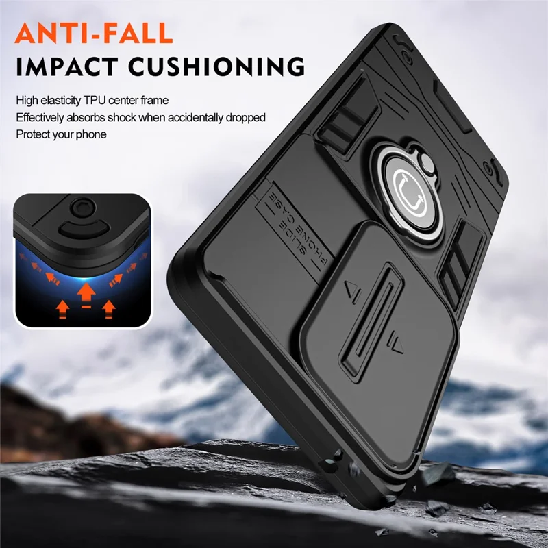 Étui pour Infinix Hot 70, Étui à Glissière Camshield avec Support Pivotant et Anneau de Poignée en PC + TPU - Noir