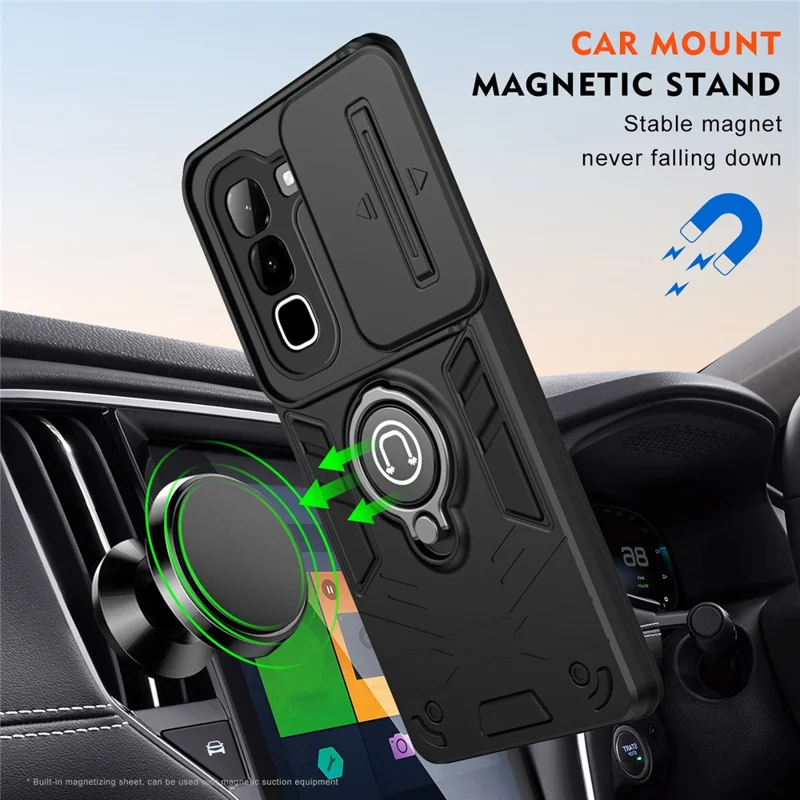 Étui pour Infinix Hot 70, Étui à Glissière Camshield avec Support Pivotant et Anneau de Poignée en PC + TPU - Noir