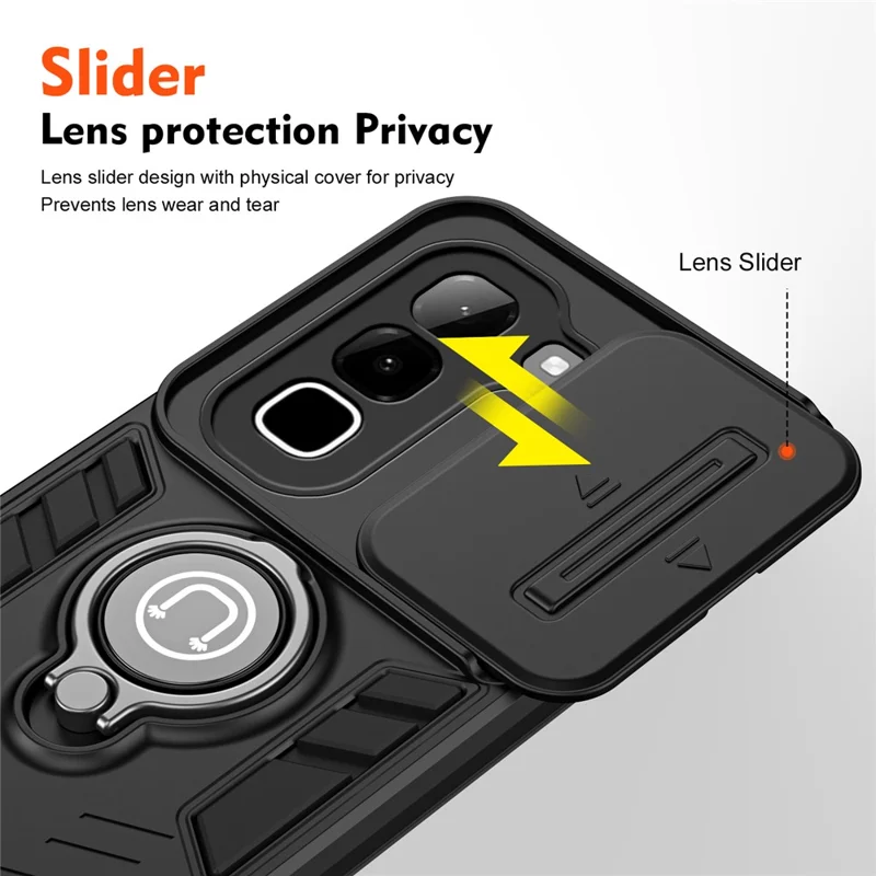 Étui pour Infinix Hot 70, Étui à Glissière Camshield avec Support Pivotant et Anneau de Poignée en PC + TPU - Noir