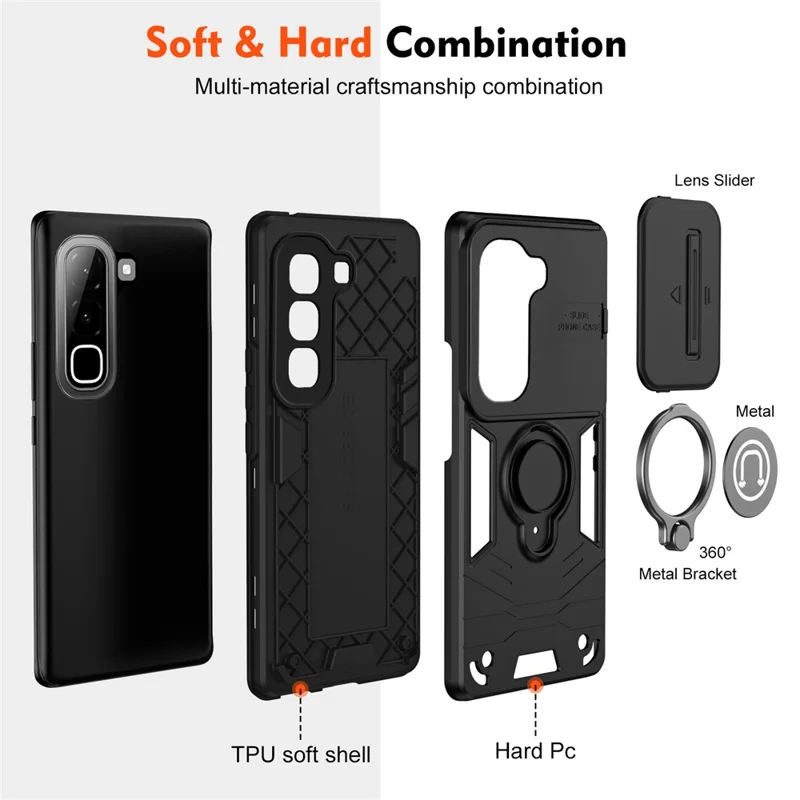 Étui pour Infinix Hot 70, Étui à Glissière Camshield avec Support Pivotant et Anneau de Poignée en PC + TPU - Noir