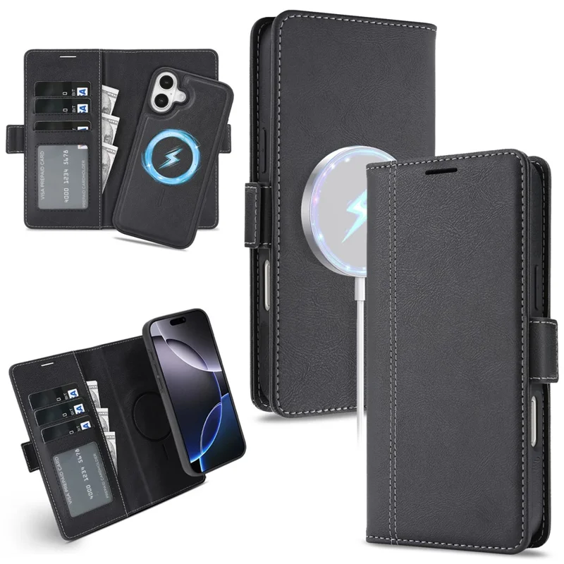 For iPhone 16 Plus Magnetic Case Detachable 2 in 1 Leather Wallet Phone Cover - Black