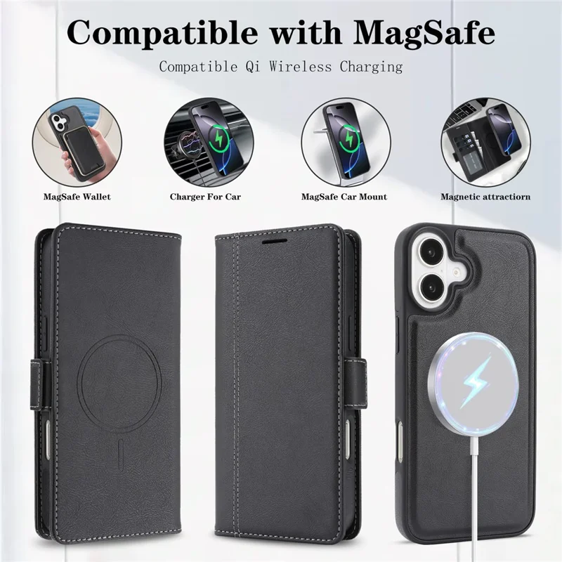 For iPhone 16 Plus Magnetic Case Detachable 2 in 1 Leather Wallet Phone Cover - Black