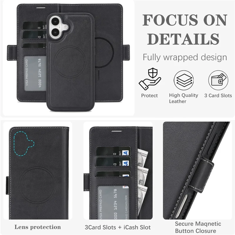 For iPhone 16 Plus Magnetic Case Detachable 2 in 1 Leather Wallet Phone Cover - Black