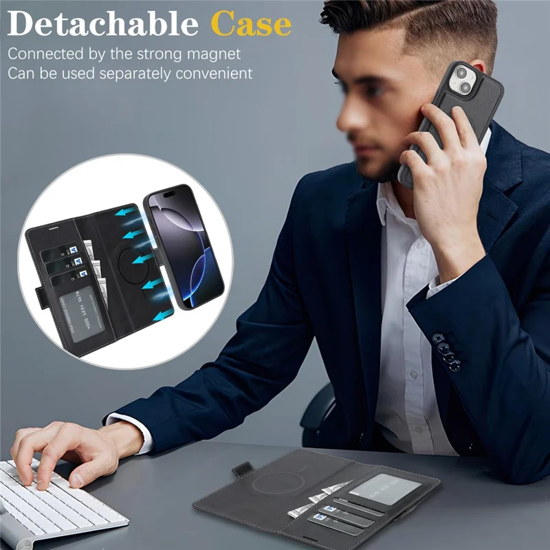 For iPhone 15 Plus Magnetic Case Detachable 2 in 1 Leather Wallet Phone Cover - Black