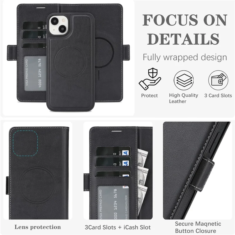 For iPhone 14 Plus Magnetic Case Detachable 2 in 1 Leather Wallet Phone Cover - Black