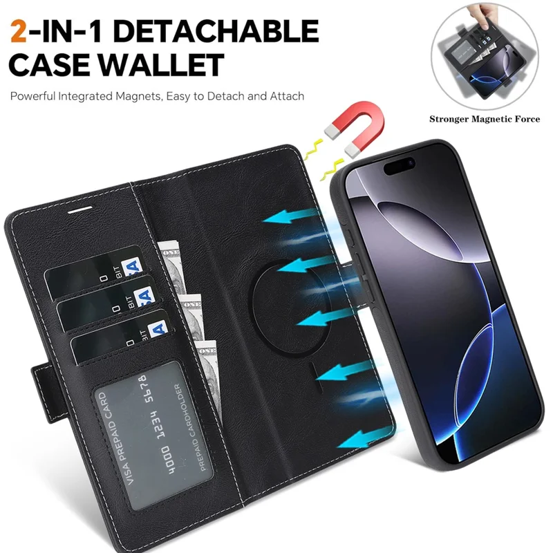 For iPhone 14 Magnetic Case Detachable 2 in 1 Leather Wallet Phone Cover - Black