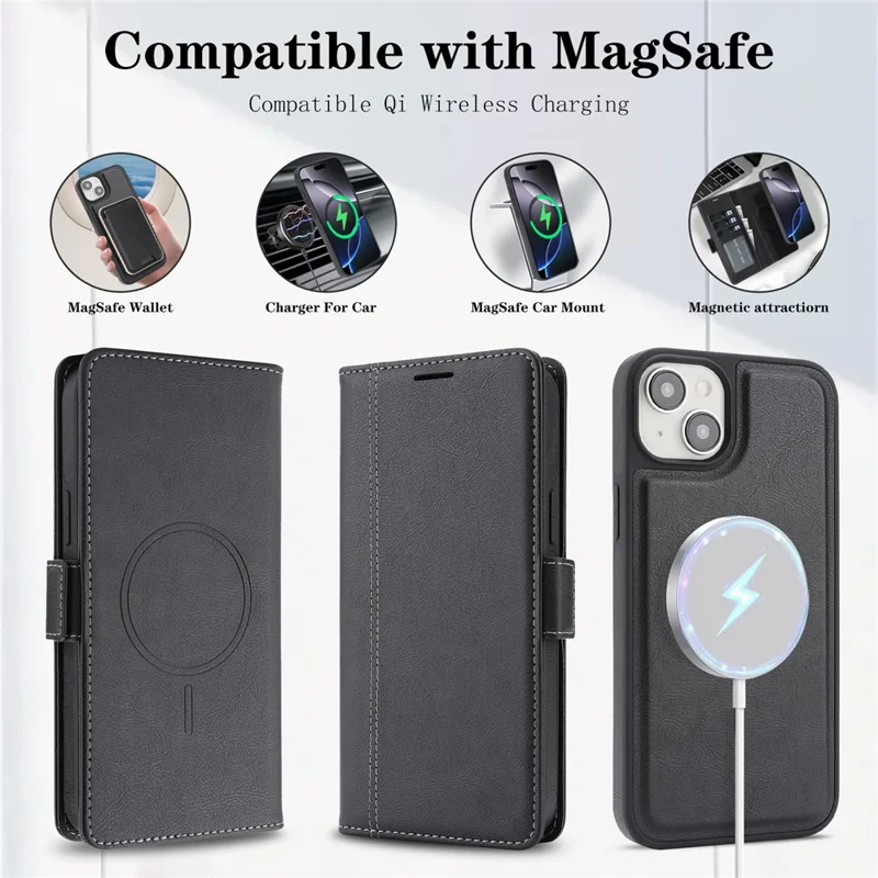 For iPhone 14 Magnetic Case Detachable 2 in 1 Leather Wallet Phone Cover - Black