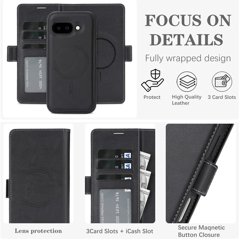 For Google Pixel 9a Magnetic Case Detachable 2 in 1 Leather Wallet Phone Cover - Black