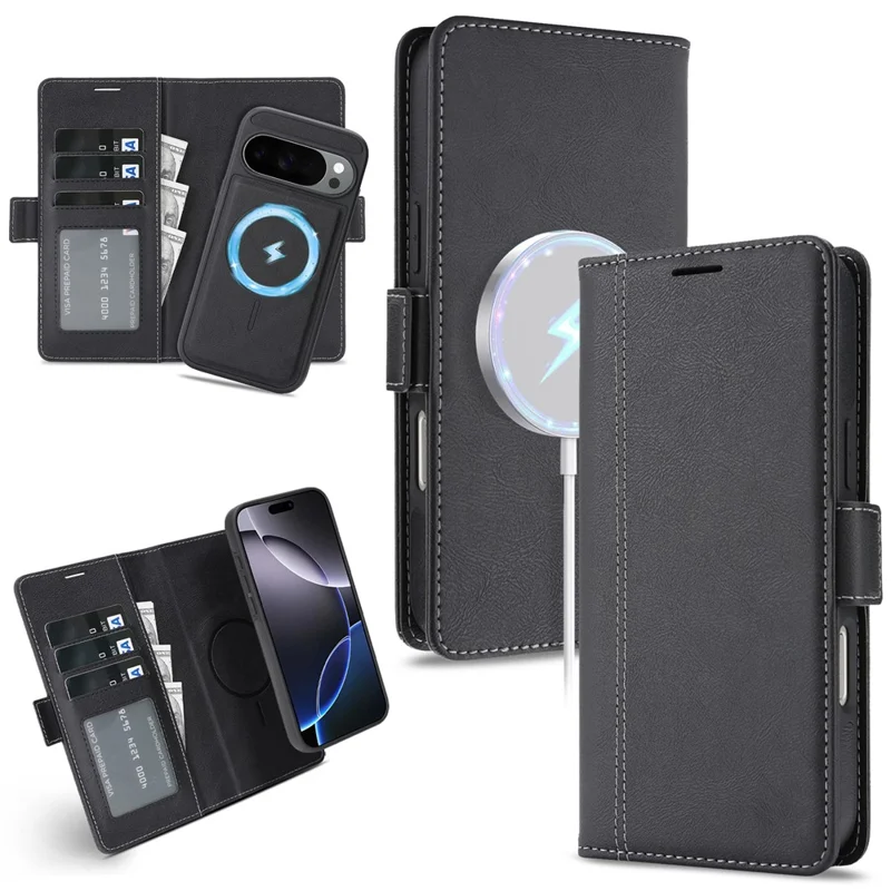 Magnetic Case For Google Pixel 10 / Pixel 10 Pro / Pixel 9 / Pixel 9 Pro Detachable 2 in 1 Leather Wallet Phone Cover - Black