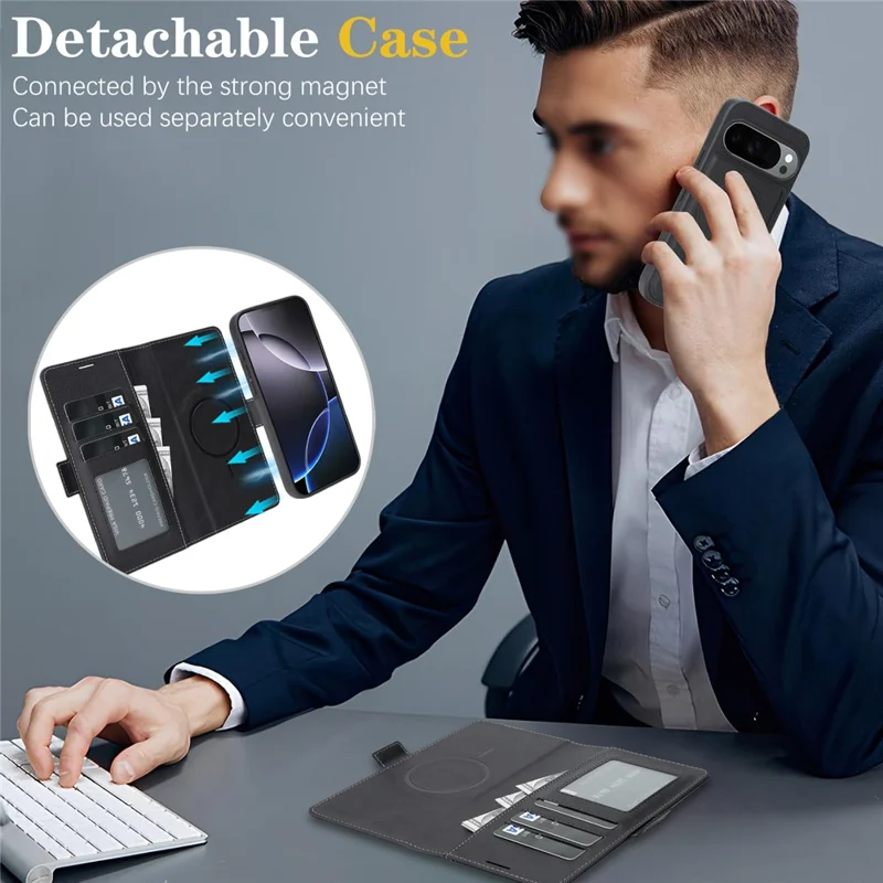 For Google Pixel 10 Pro XL / Pixel 9 Pro XL Magnetic Case Detachable 2 in 1 Leather Wallet Phone Cover - Black