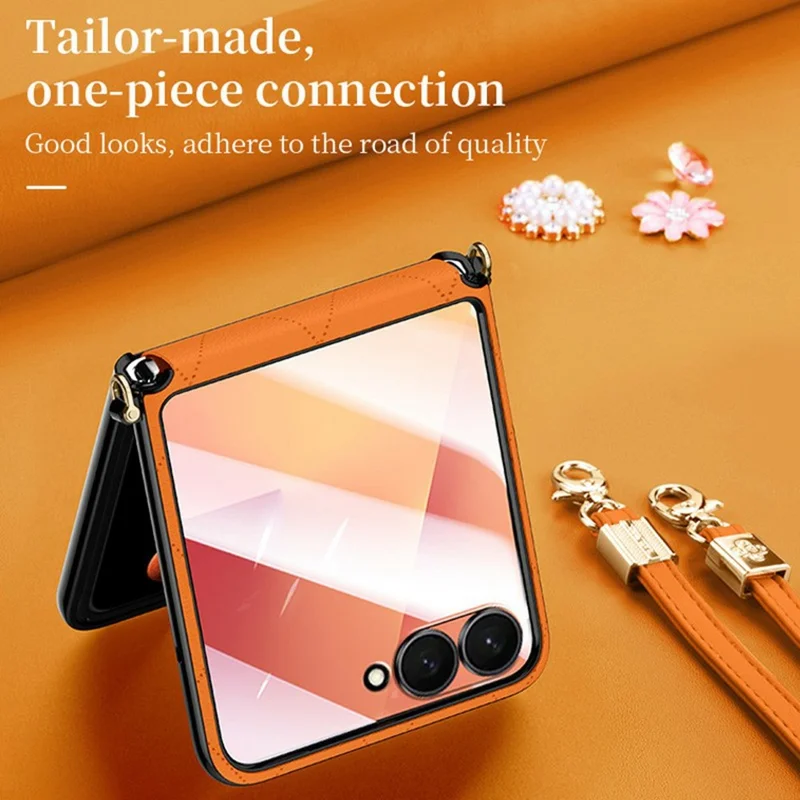 SULADA For Samsung	Galaxy Z Flip8 Case Rhombus Leather+PC Phone Cover with Shoulder Strap - Orange