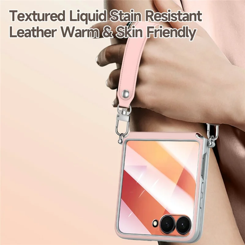 SULADA For Samsung	Galaxy Z Flip8 Case with Strap Leather Back Phone Cover Hinge Protection - Pink
