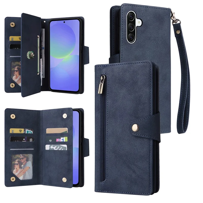 For Samsung Galaxy A27 Case Zipper Wallet Rivet Decor Leather Phone Cover with Wrist Strap - Blue