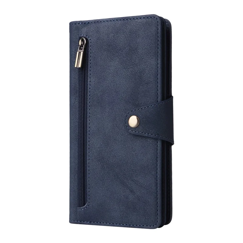 For Samsung Galaxy A27 Case Zipper Wallet Rivet Decor Leather Phone Cover with Wrist Strap - Blue