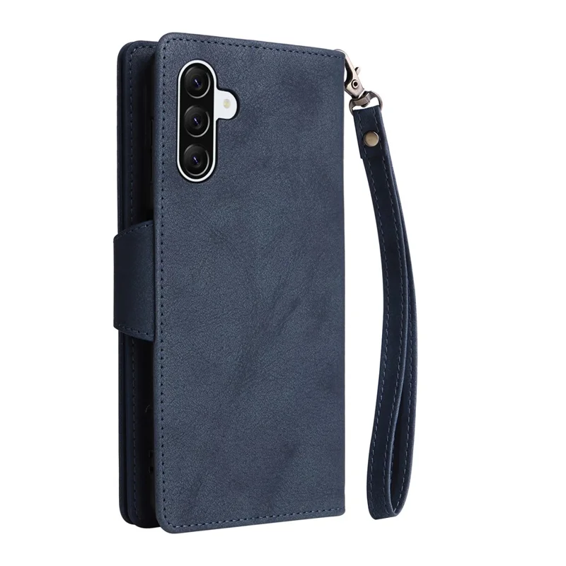 For Samsung Galaxy A27 Case Zipper Wallet Rivet Decor Leather Phone Cover with Wrist Strap - Blue